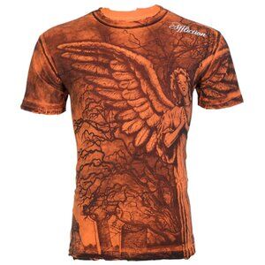 $62 AFFLICTION Orange GRAVE ANGEL Short Sleeve Slim Fit Y2K T-shirt